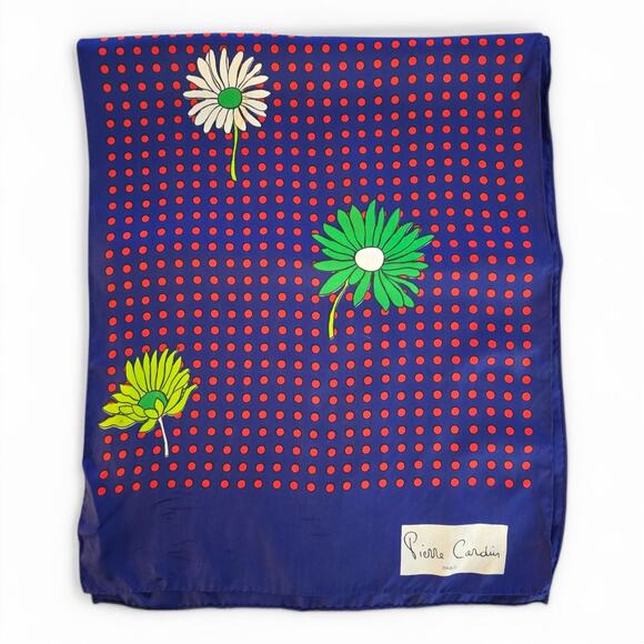 Vintage 70s Pierre Cardin Silk Scarf Navy Red Polka Dot Floral Print Retro Chic - Picture 5 of 11